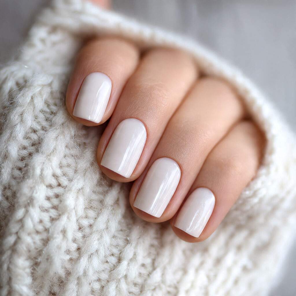 short square winter nails in creamy white