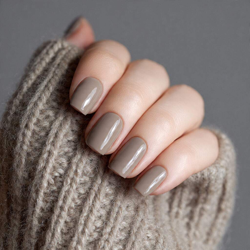 short taupe nails with velvety matte finish