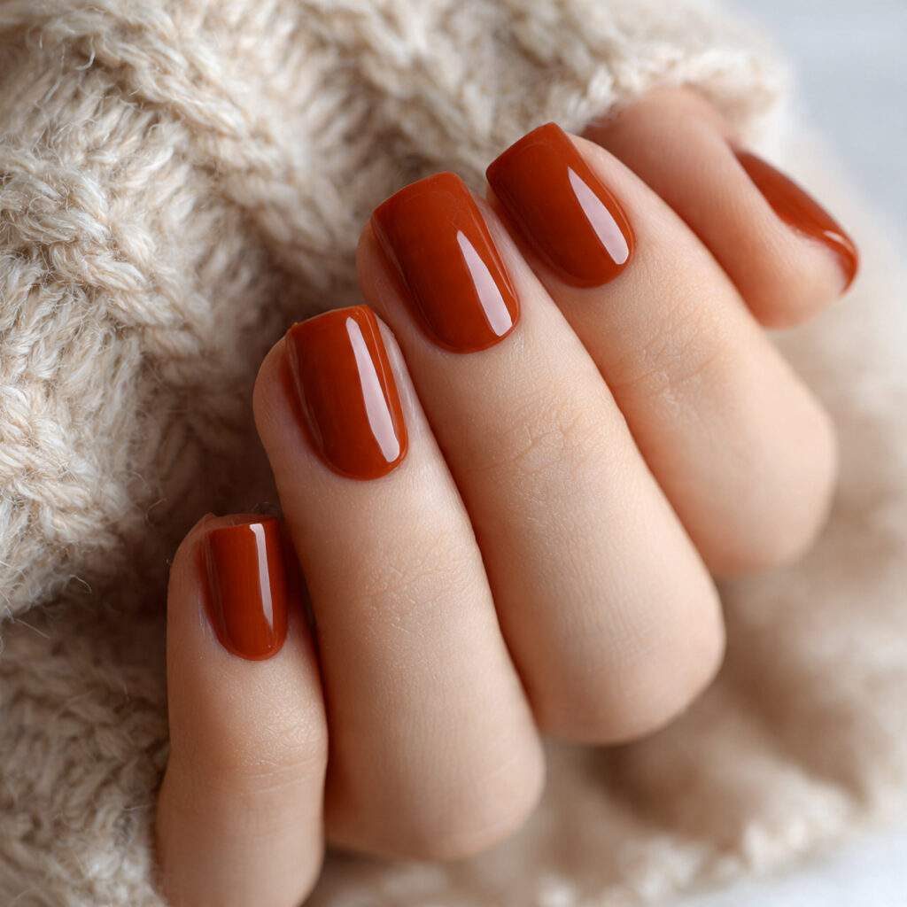 short terracotta nails warm earthy orange brown tone