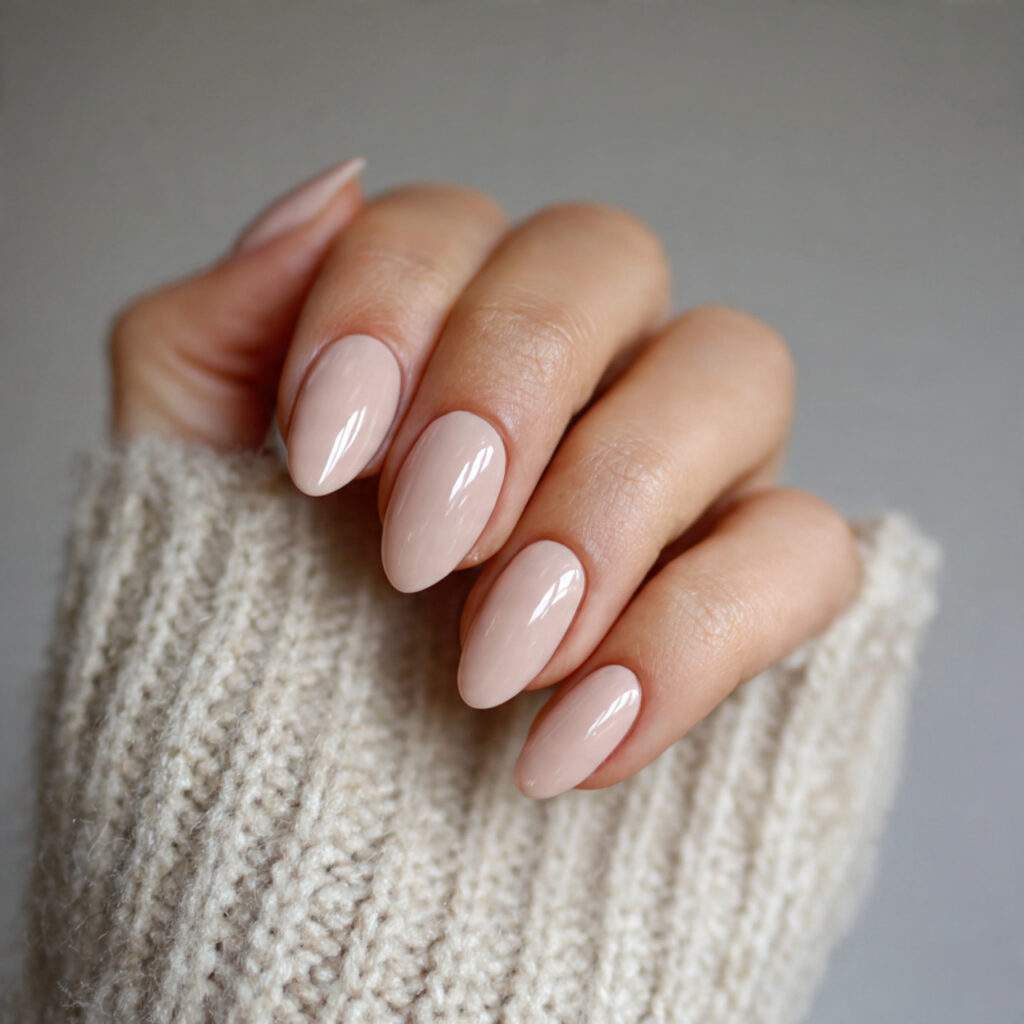 short to medium almond nails natural or soft toned polish