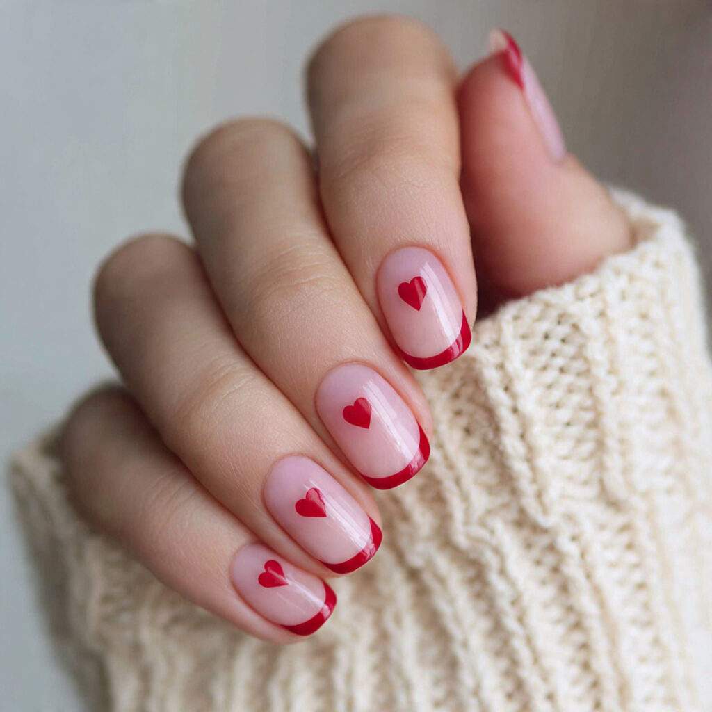 short valentine nails with heart french tips