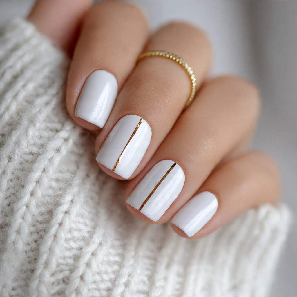 short white nails with one thin gold