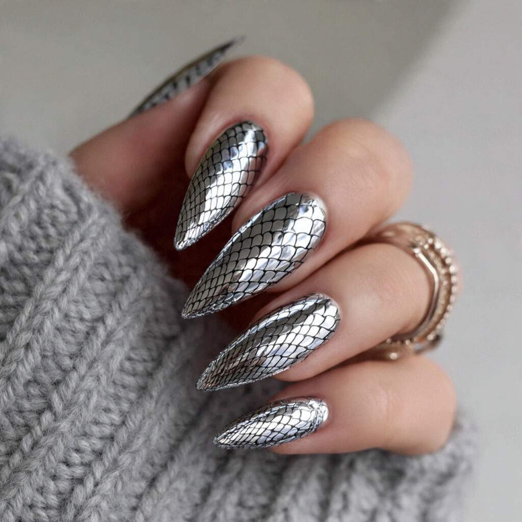 silver ice scale stiletto nails feel futuristic
