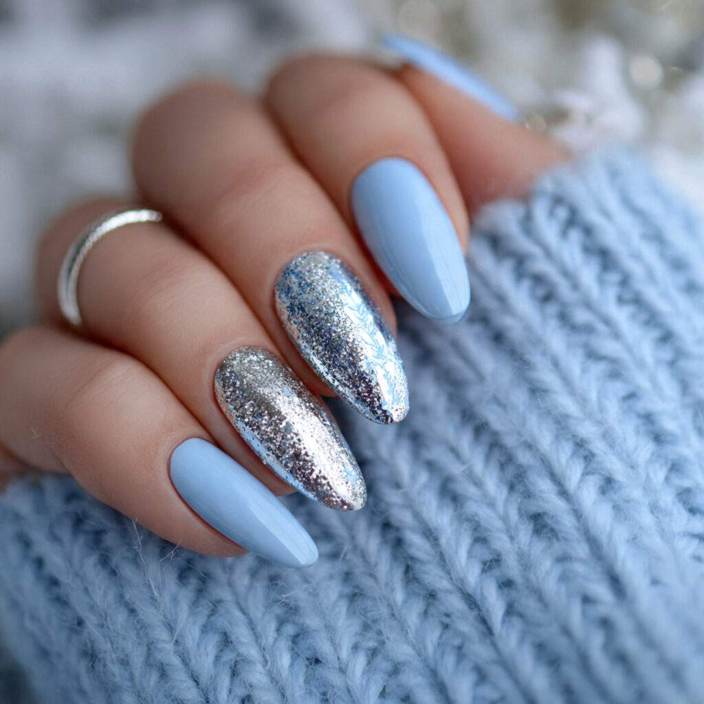 silver winter glam light blue nails feel