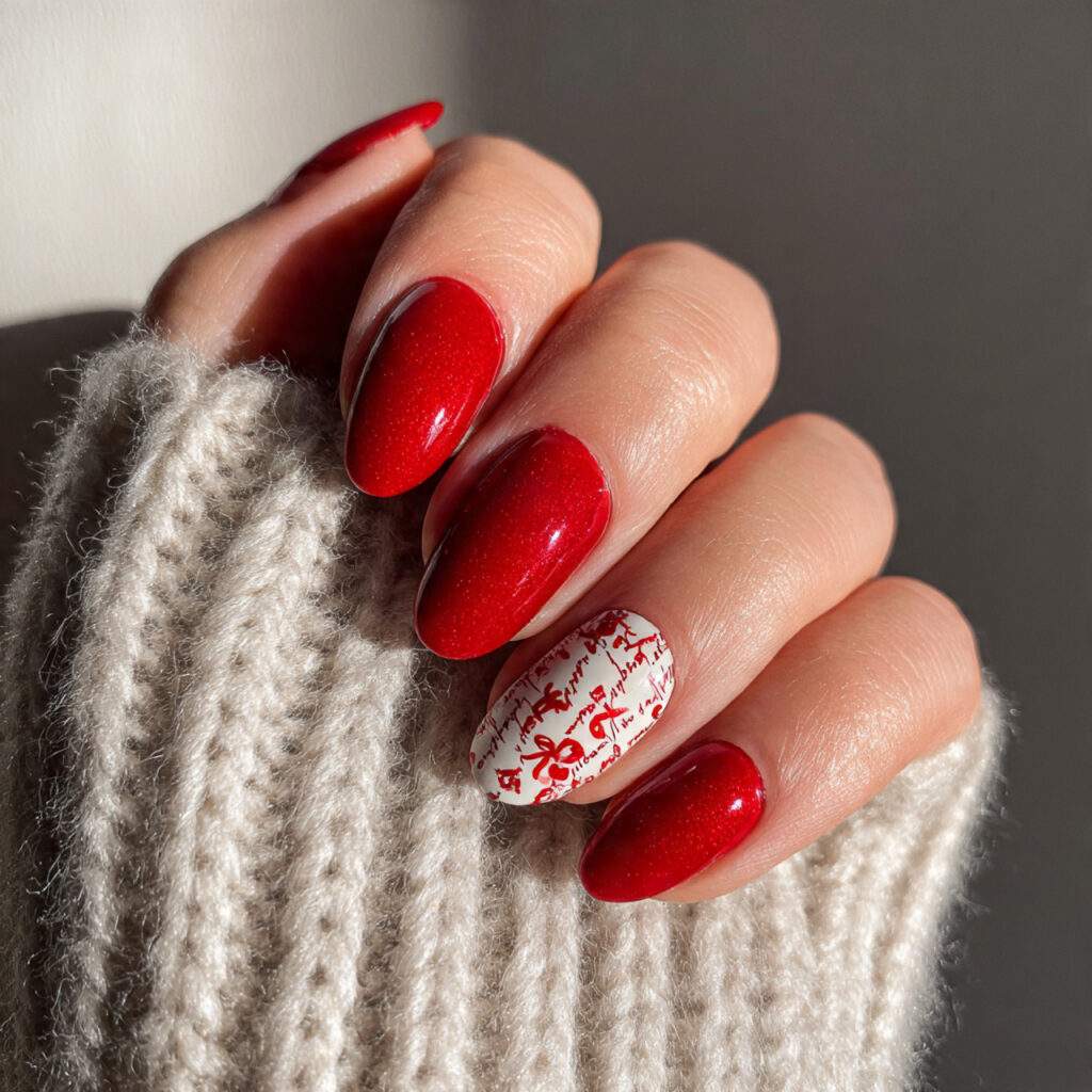 simple red nails with love letter accents