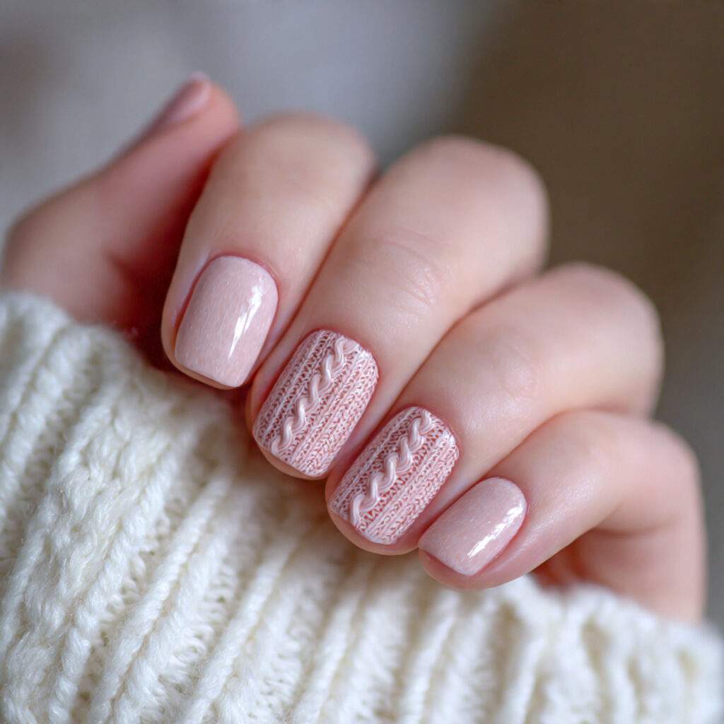 simple valentine nails with cozy cable knit