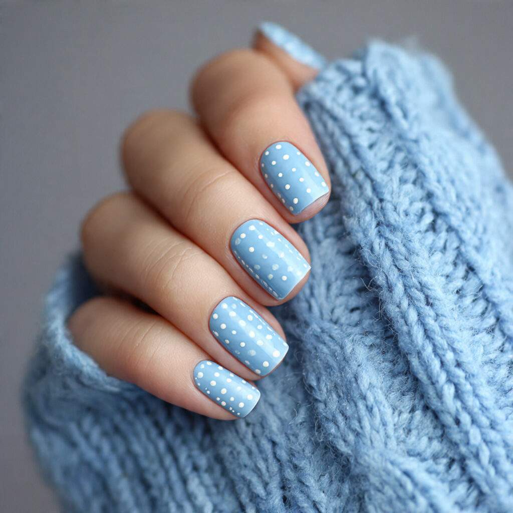 sky blue short winter nails with white