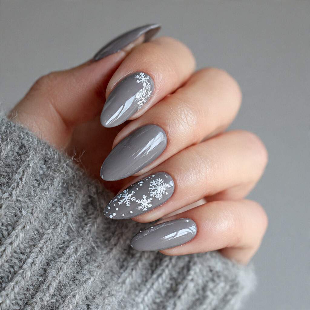 sleek snowy accent gray almond nails feel