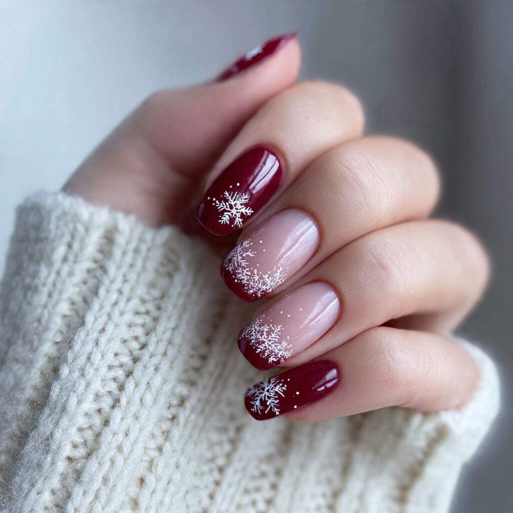 snowflake french tip burgundy nails feel clean