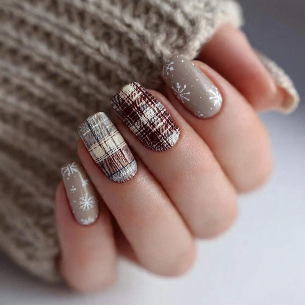 snowflake plaid elegant nails neutral colors help