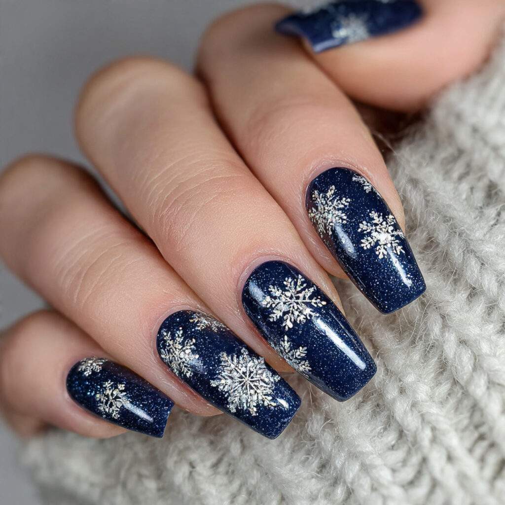 snowflake sparkle elegance navy nails feel classic