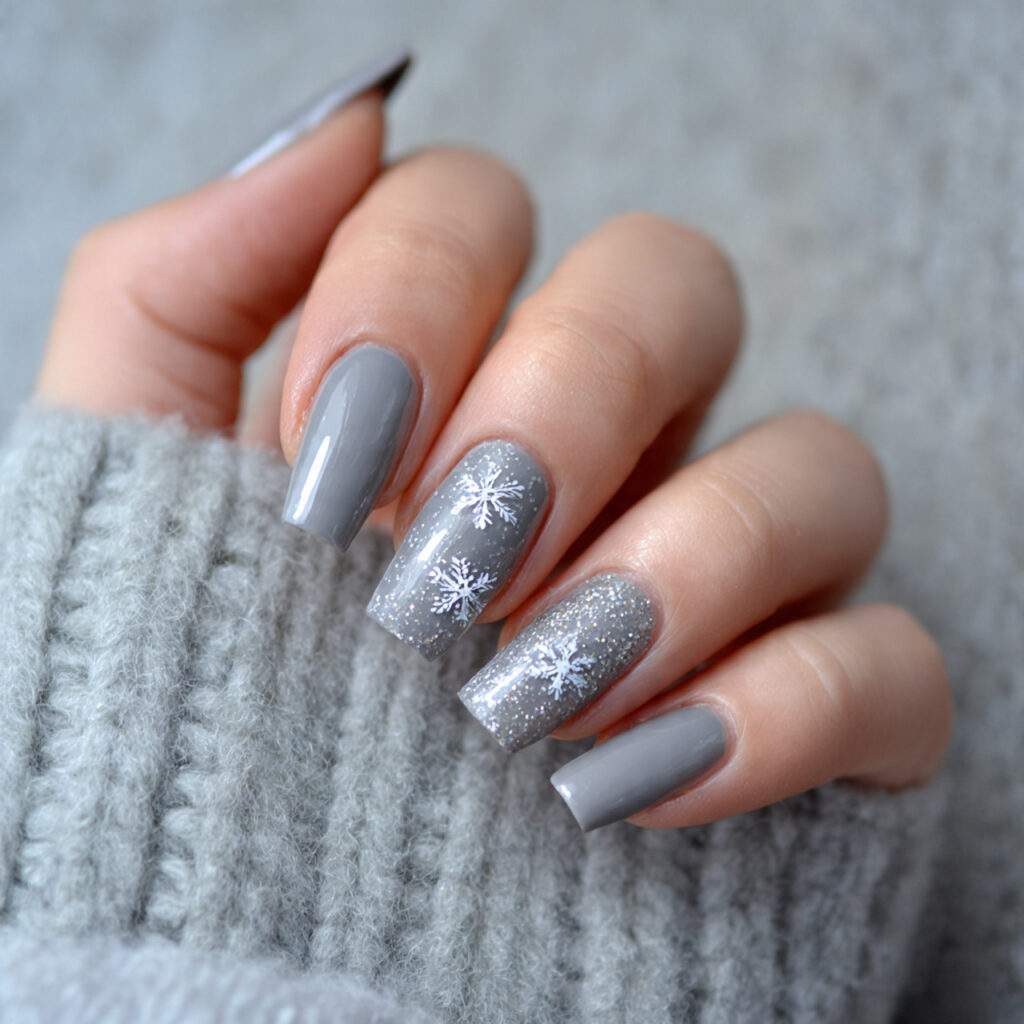 snowflake sparkle square gray nails feel bold