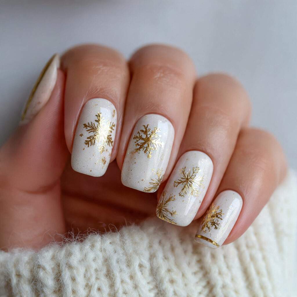 snowflake winter nails with gold accents feel