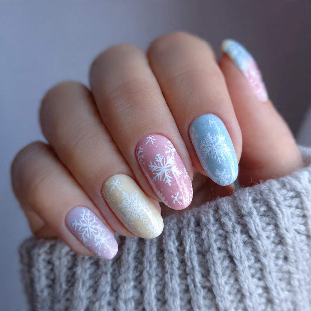 snowflake winter nails with pastel colors feel