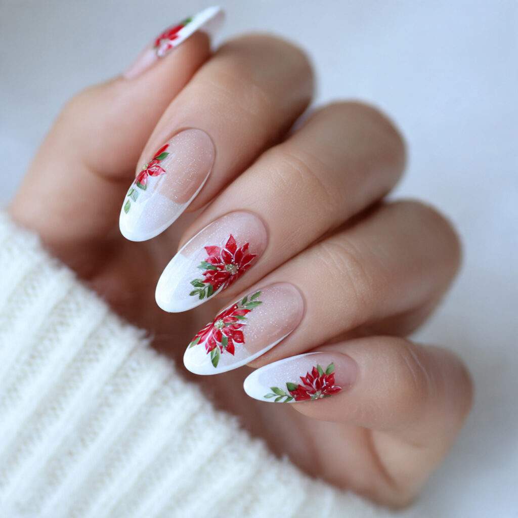 snowy french tip poinsettia nails blend classic
