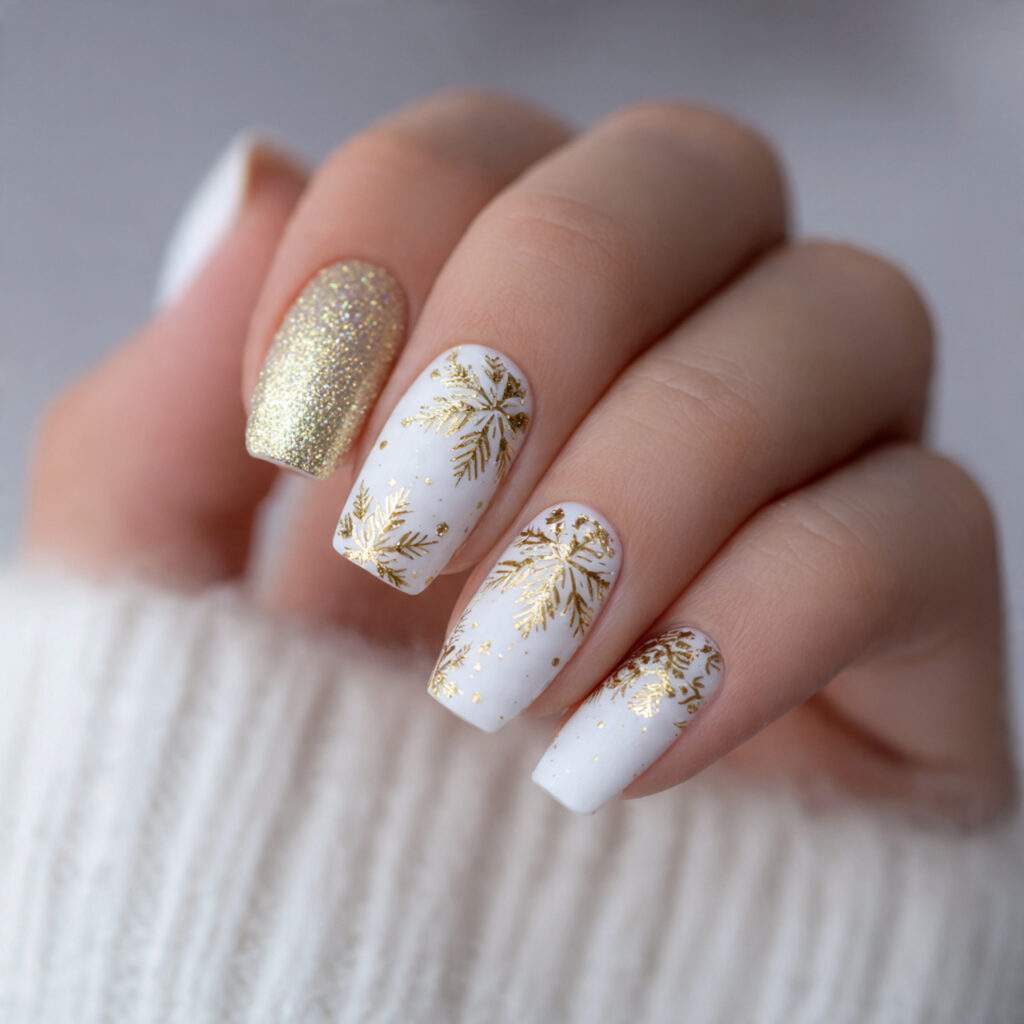 snowy gold poinsettia nails blend warmth and