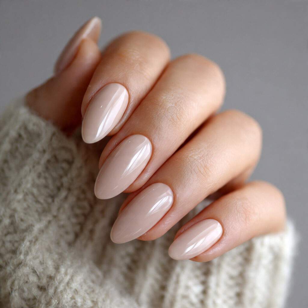 soft beige cream nails medium length almond nails glossy