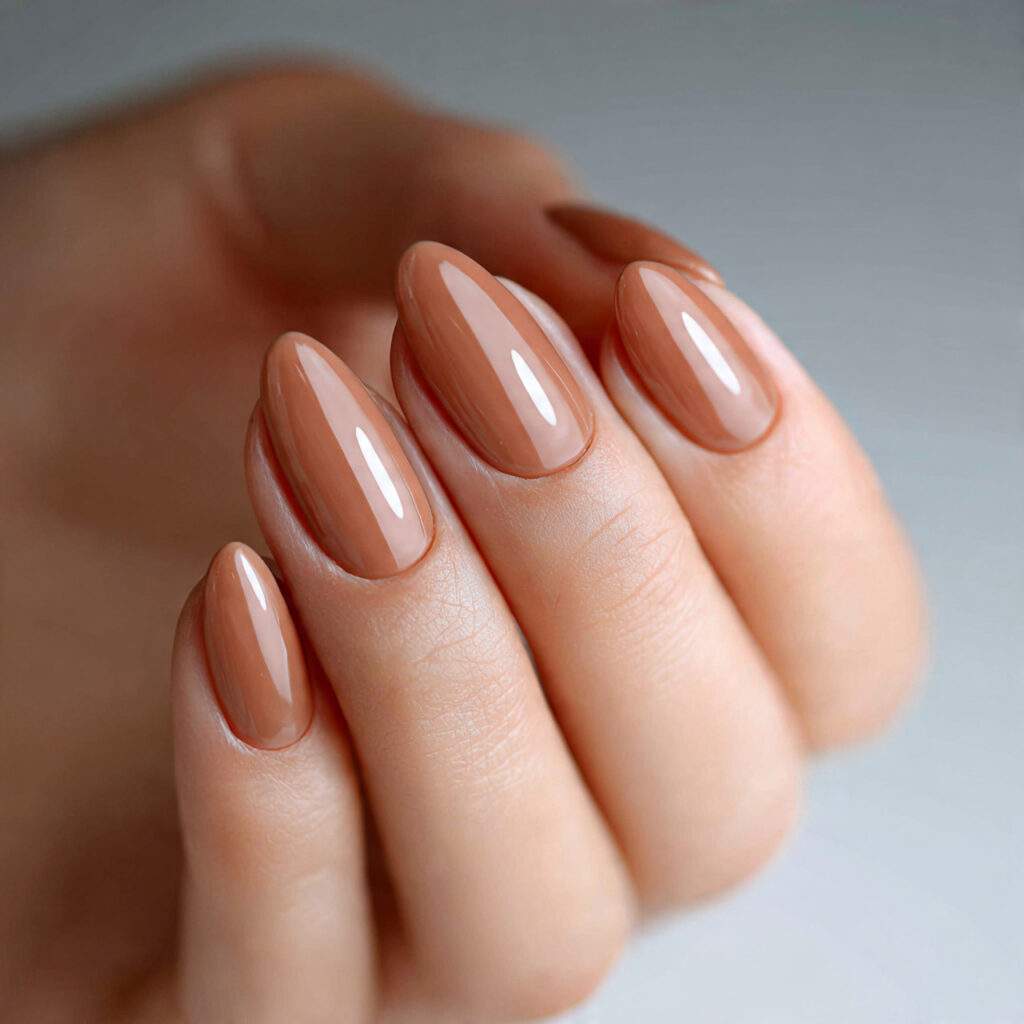 soft caramel neutral nails short oval shape