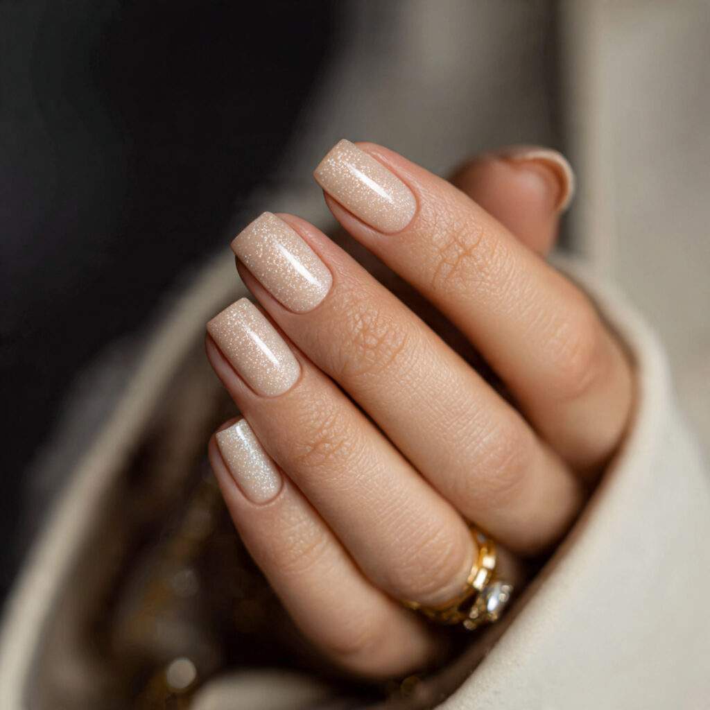 soft champagne nails with subtle shimmer short