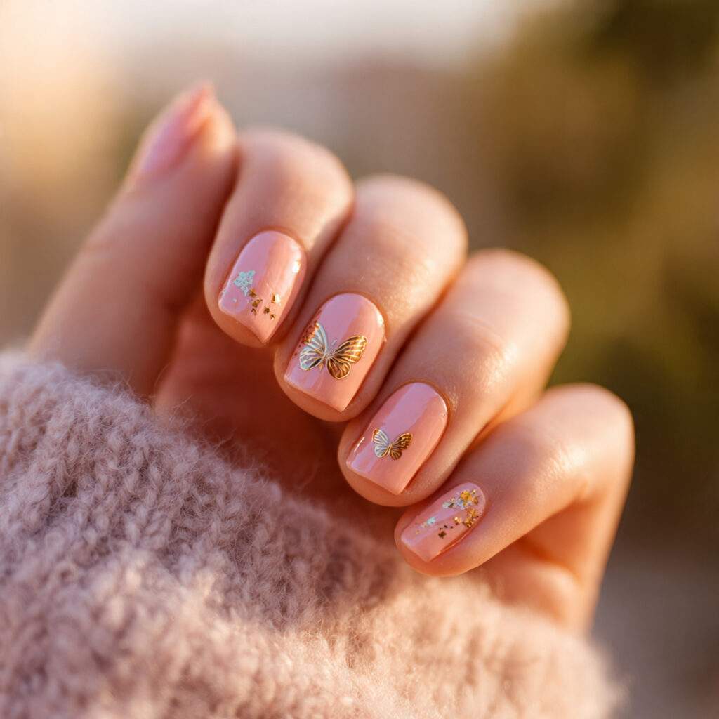 soft coral short nails with delicate butterfly
