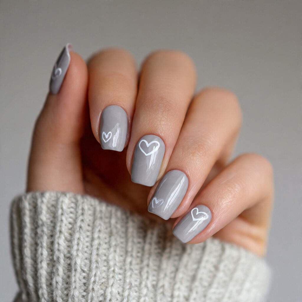 soft gray nails with tiny heart outline