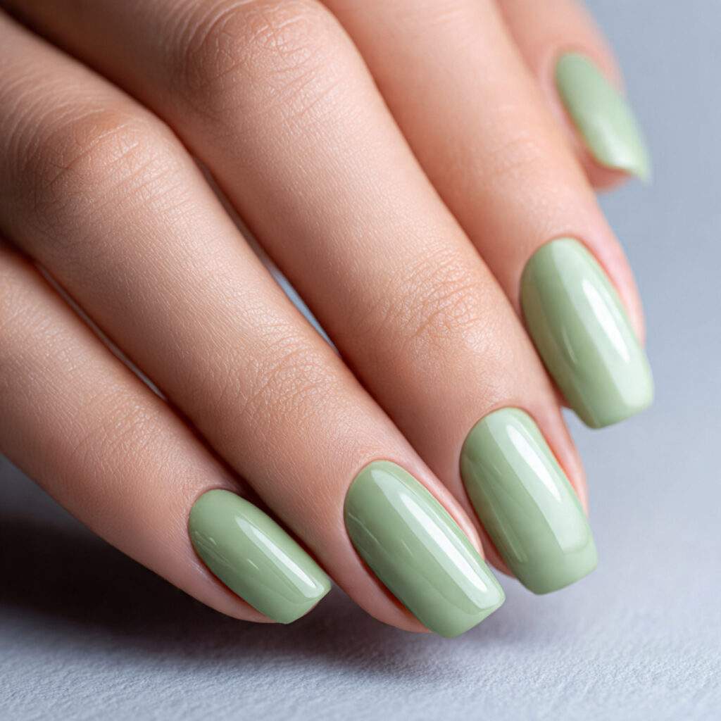 soft green nails with glossy finishes for