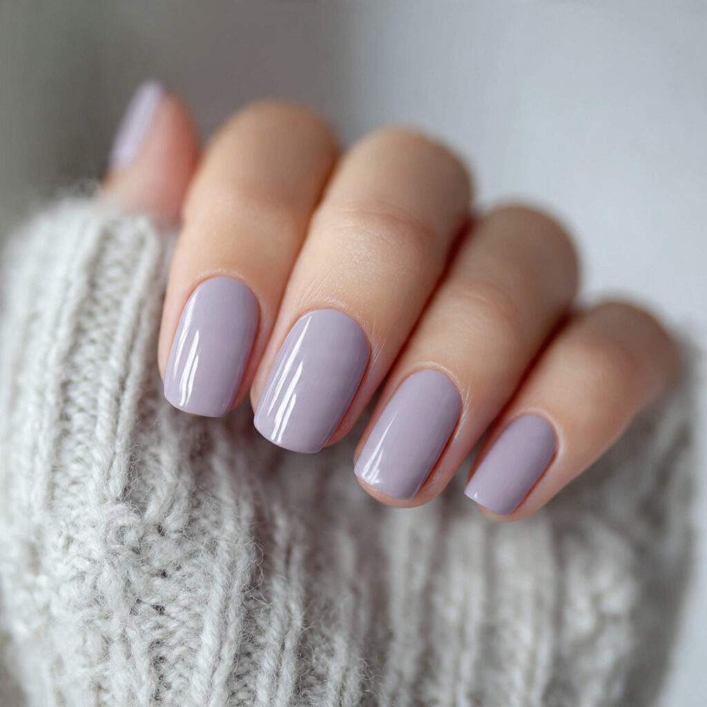 soft lavender gray nail color with a glossy