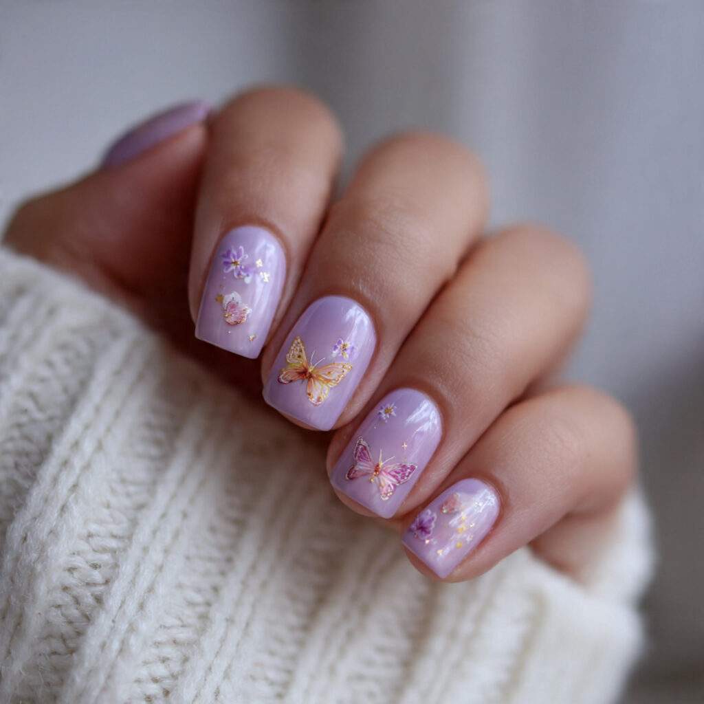 soft lavender short nails with delicate butterfly