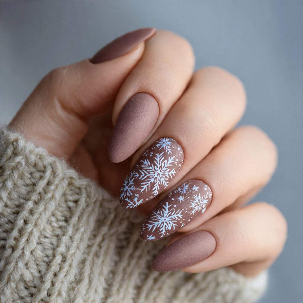 soft mocha matte nails with snowflakes