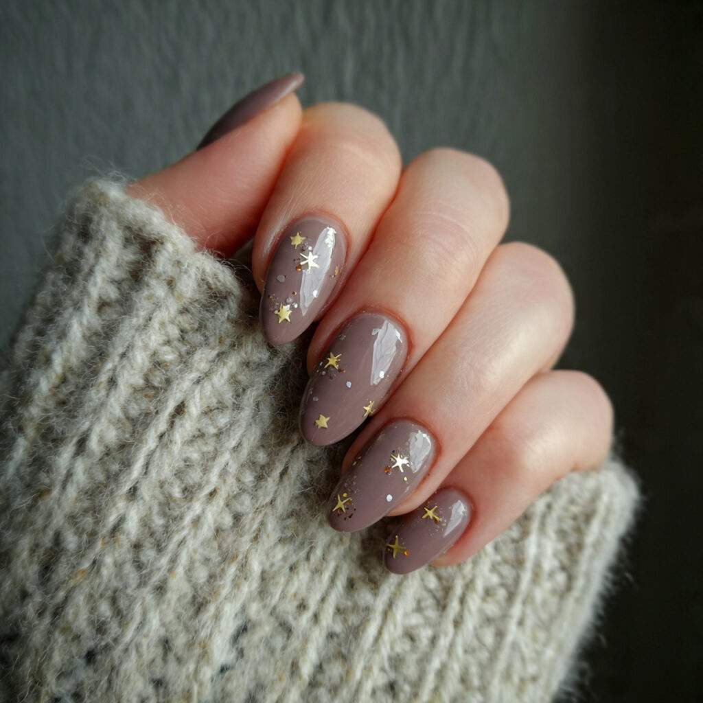 soft mocha nails with tiny star detail