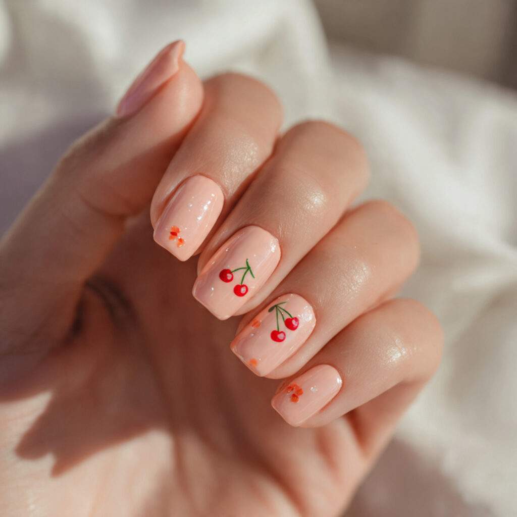 soft peach short nails with tiny hand painted