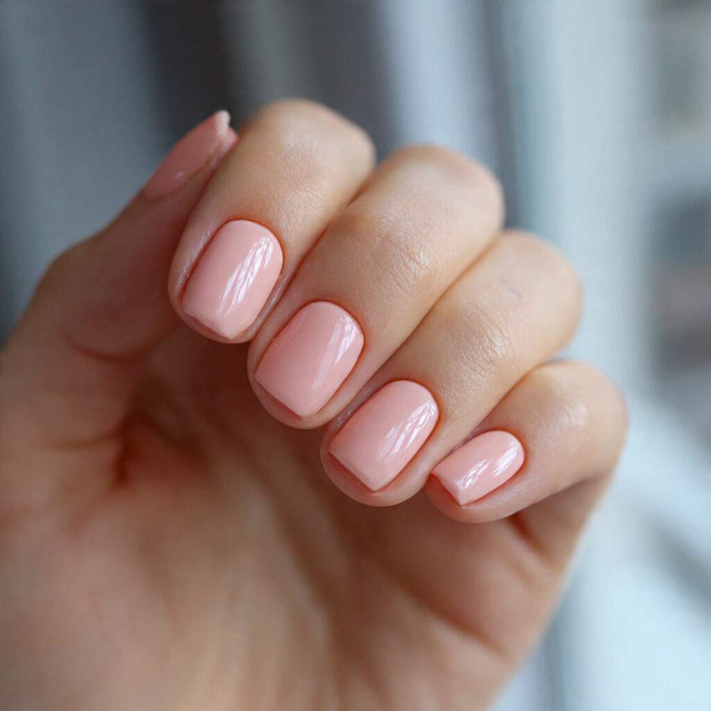 soft peachy pink nails with a glossy