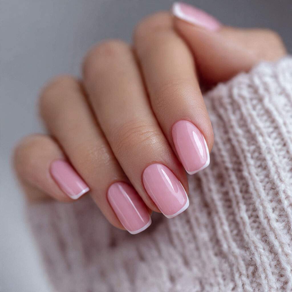 soft pink french tip nails give a