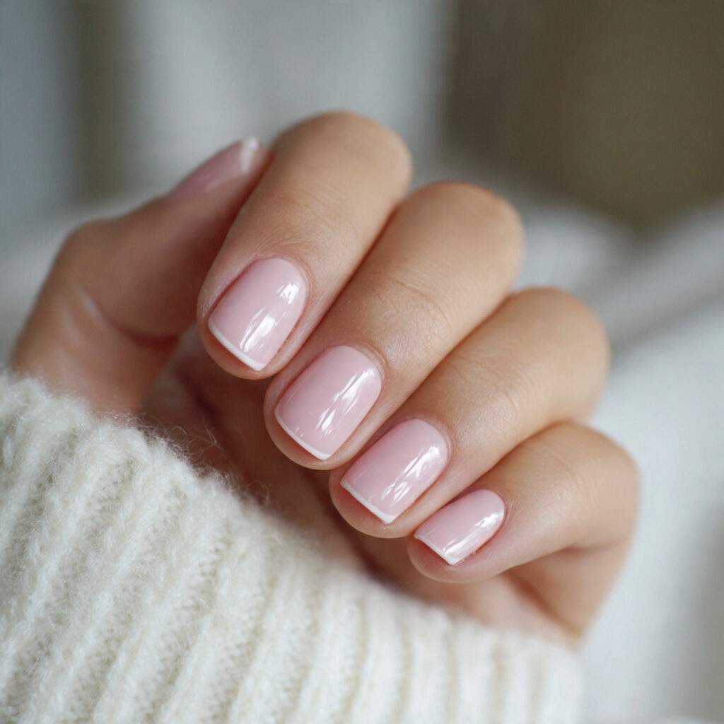 soft pink nails with a micro french