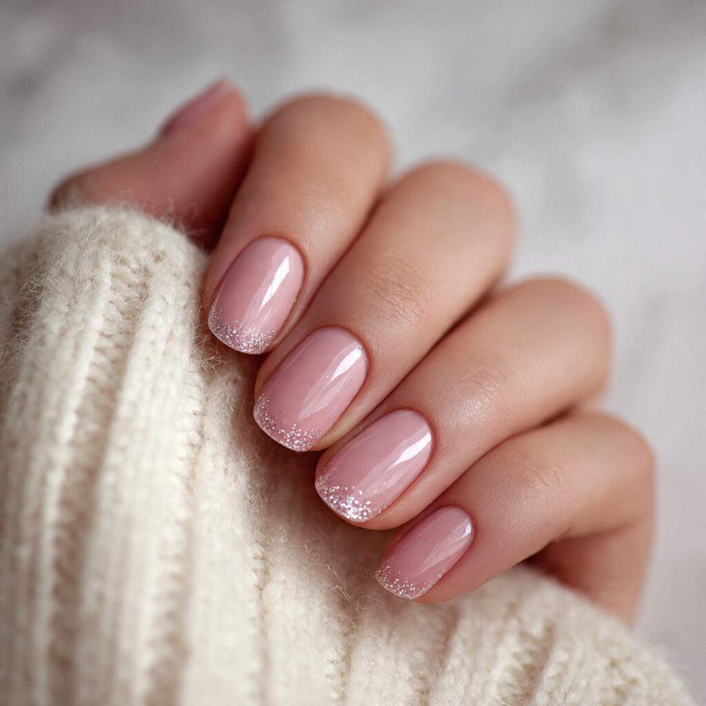 soft pink nails with micro glitter tips