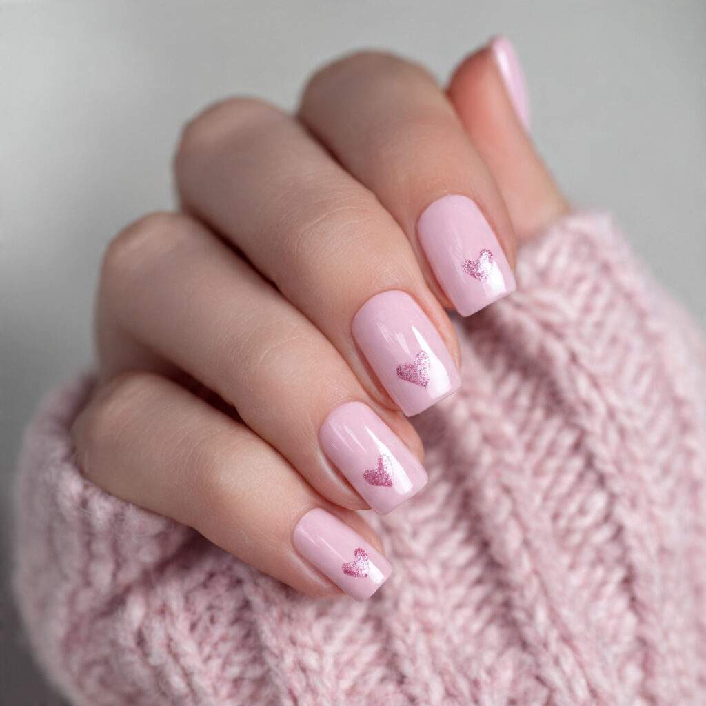 soft pink polish with small glossy heart