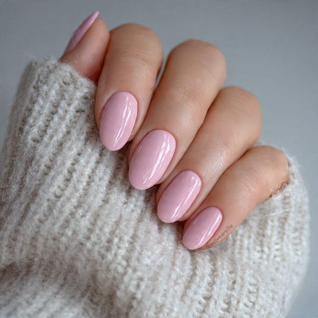 soft pink rounded nails give a gentle