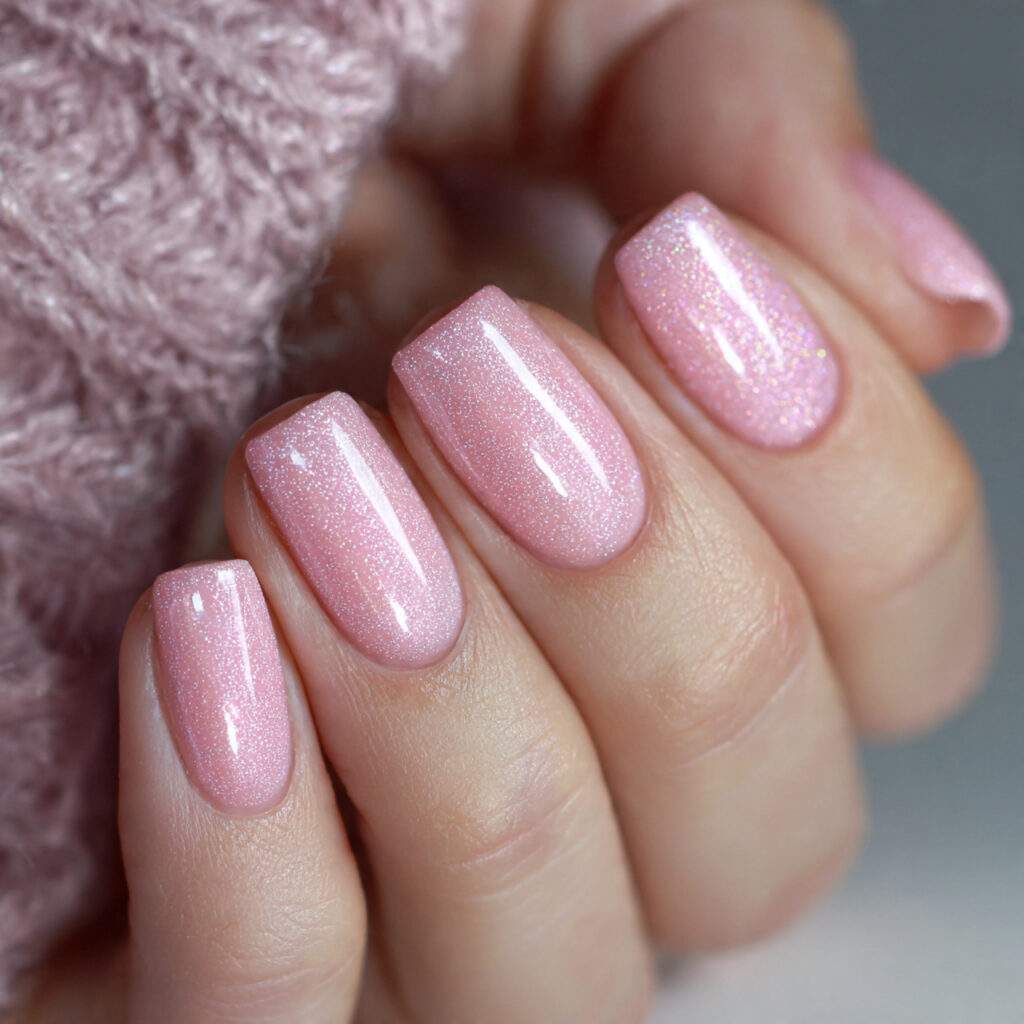 soft pink shimmer valentine nails add a