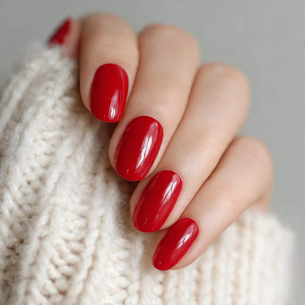 soft scarlet red nails with simple glossy
