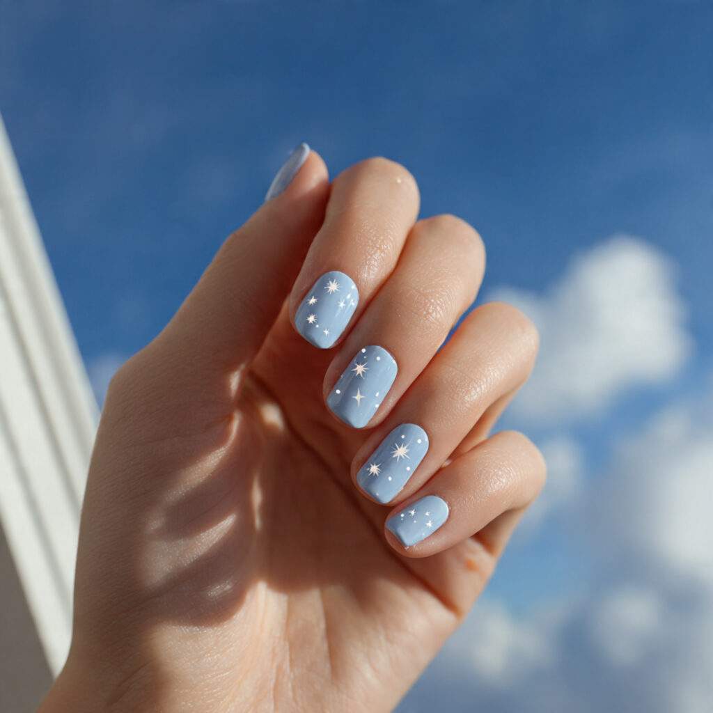 soft sky blue short nails with tiny