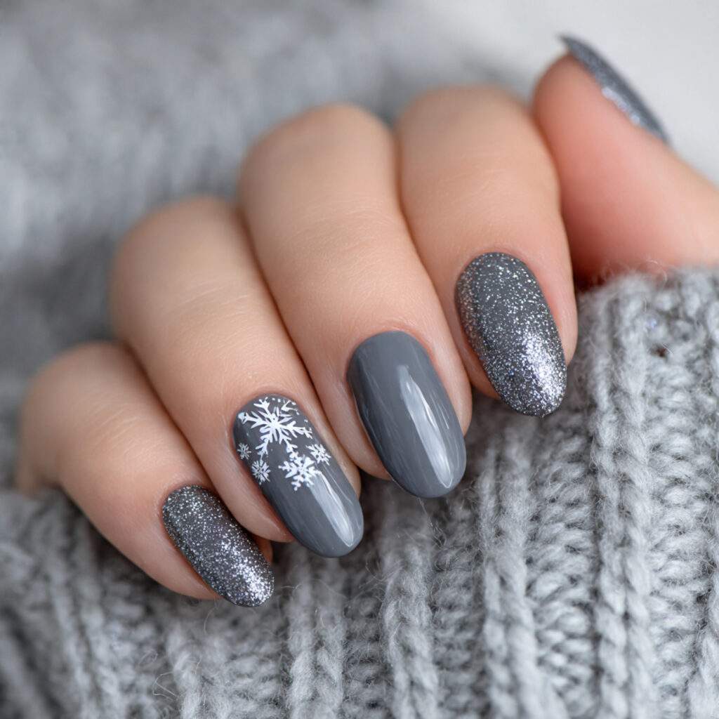 sparkling gray snowfall winter nails feel festive