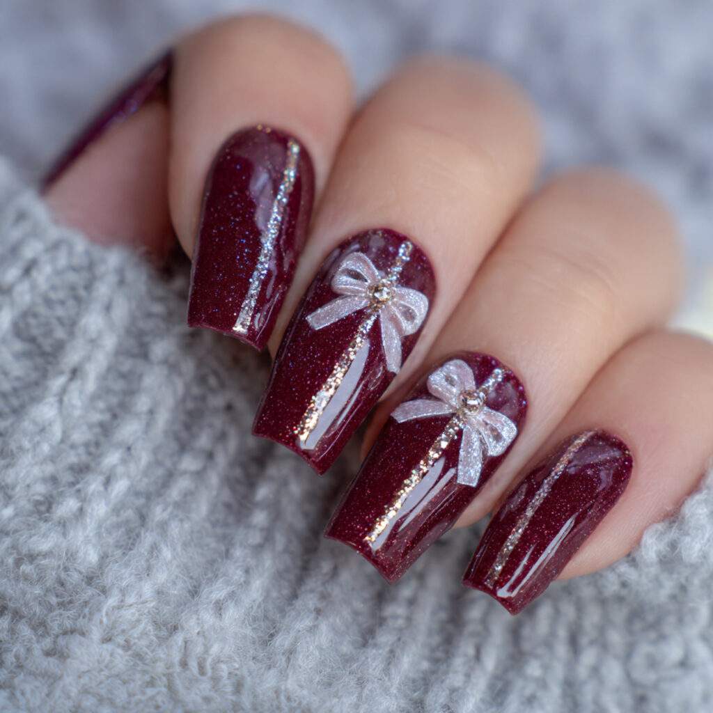 sparkling ribbon burgundy winter nails feel festive
