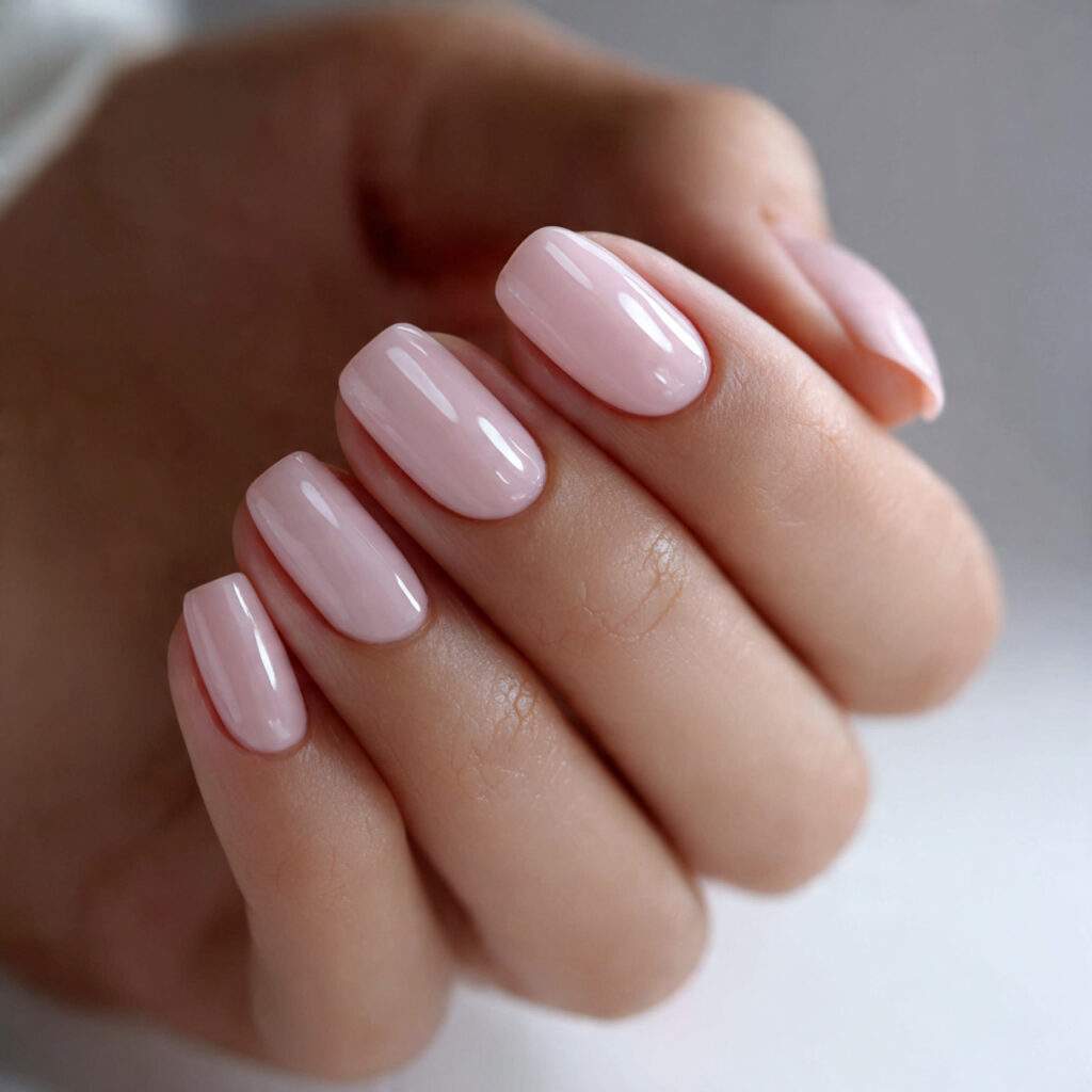 squoval shaped nails medium length neutral or soft toned polish
