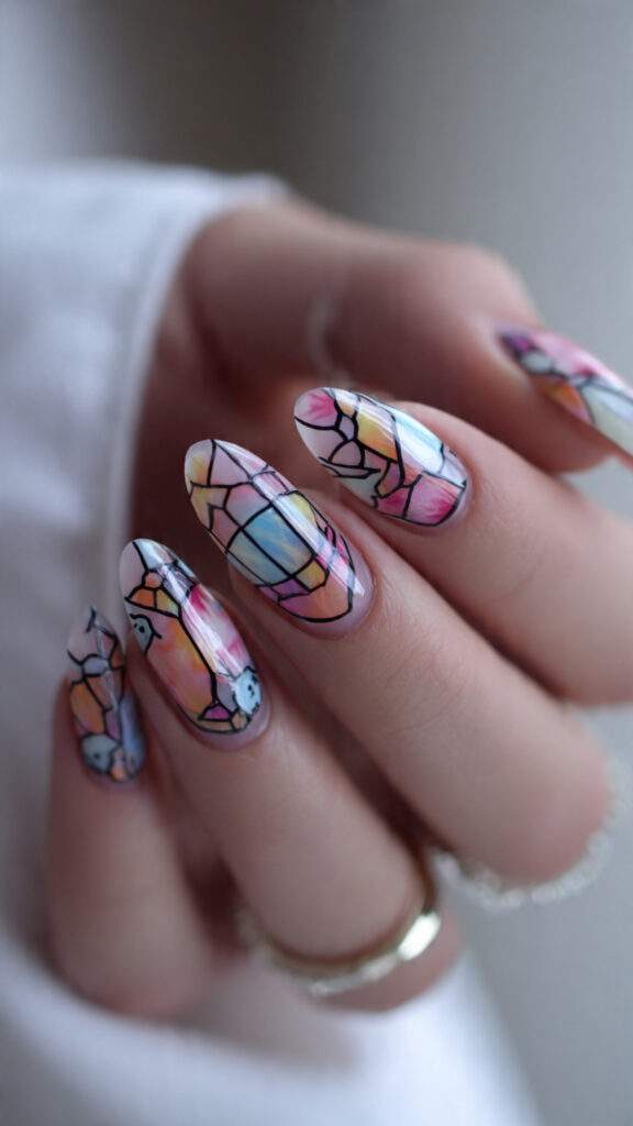 stained glass almond nails with ghost and