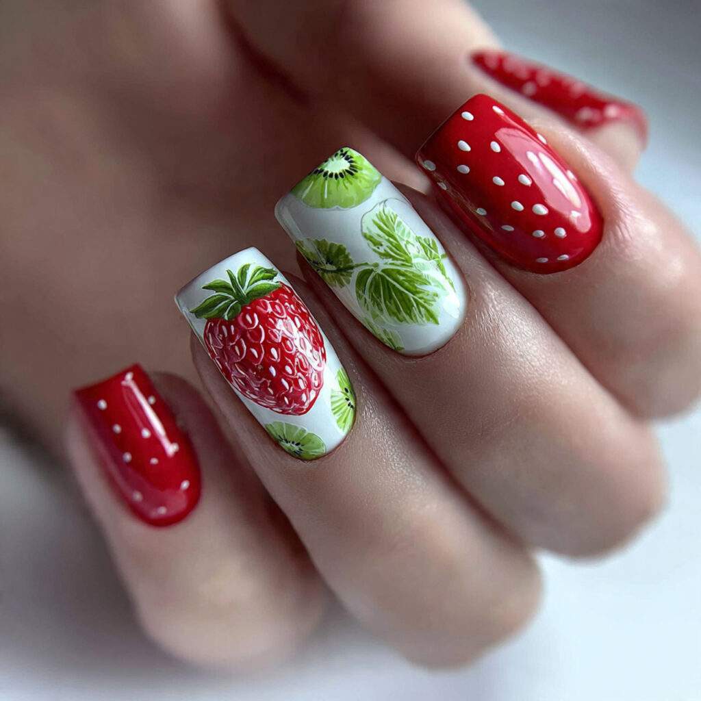 strawberry kiwi nails mix red green and