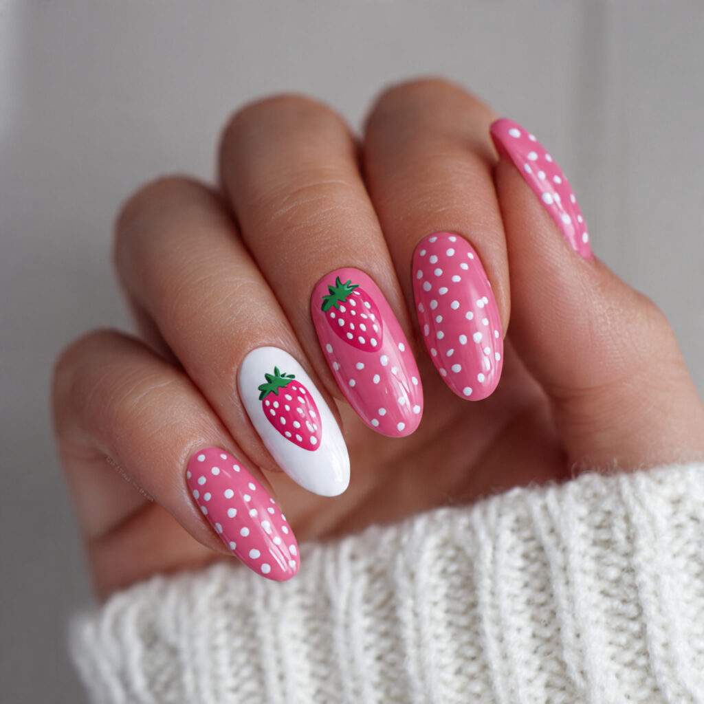 strawberry pink nails with white details evoke
