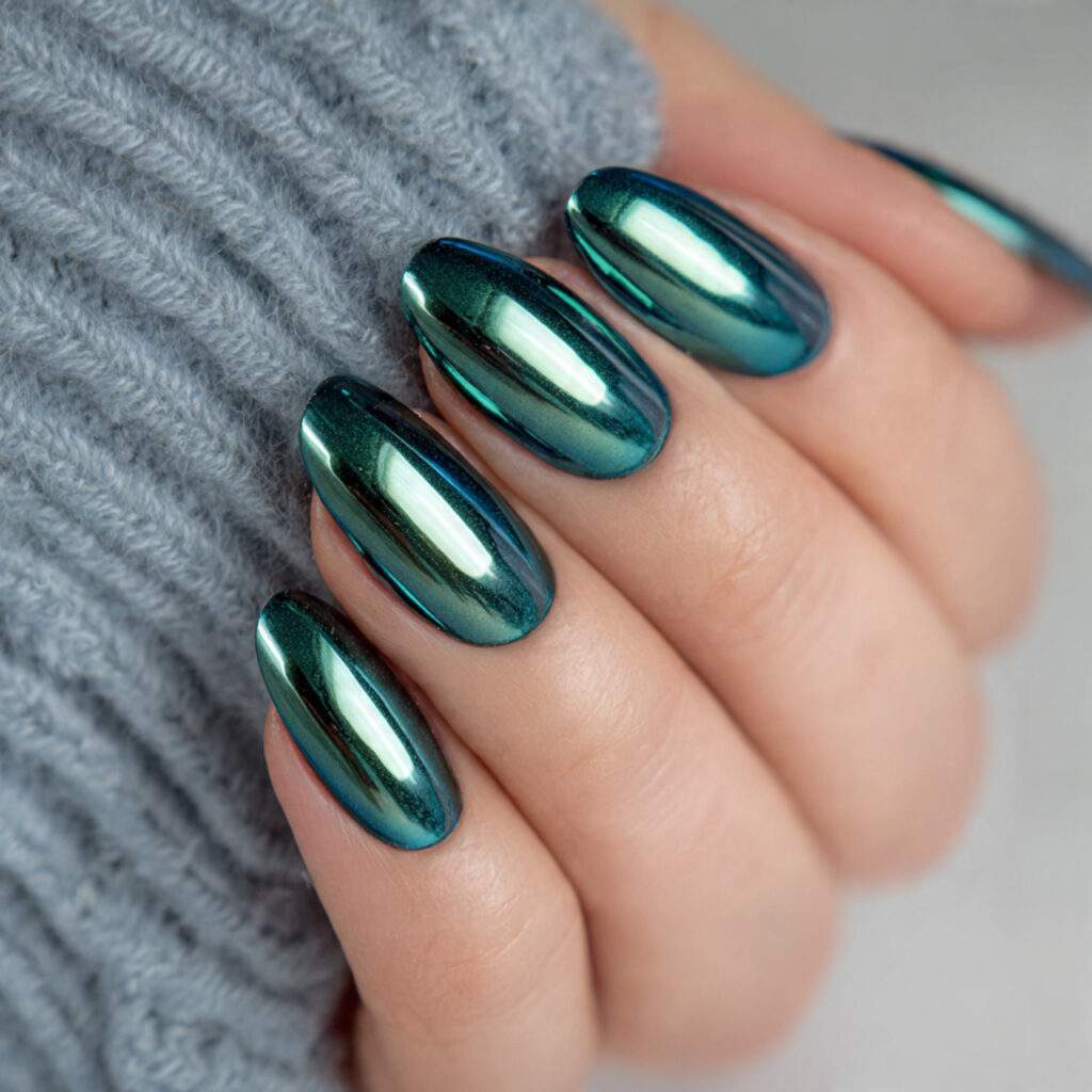 teal chrome nails deliver futuristic glamour with