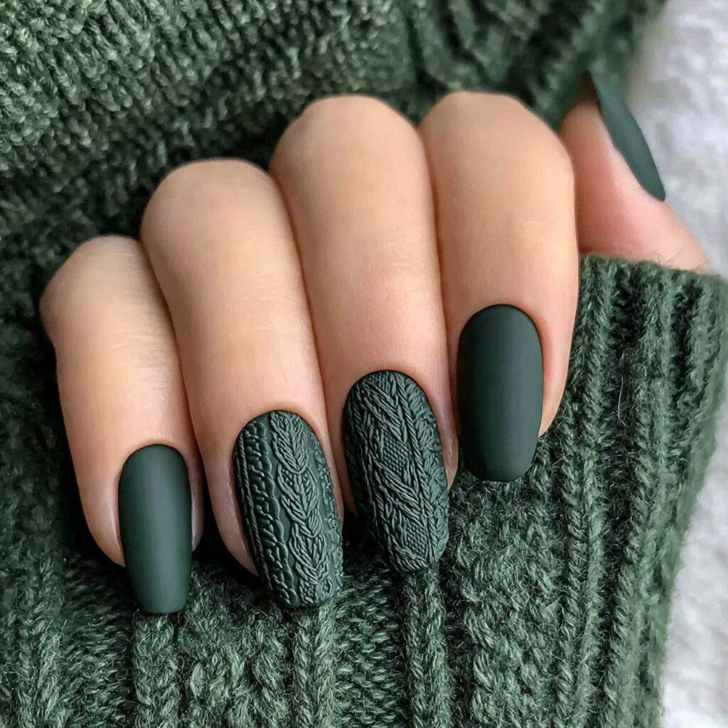 textured dark green winter nails feel cozy