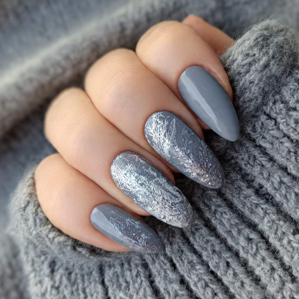 textured iceflake gray winter nails bring an