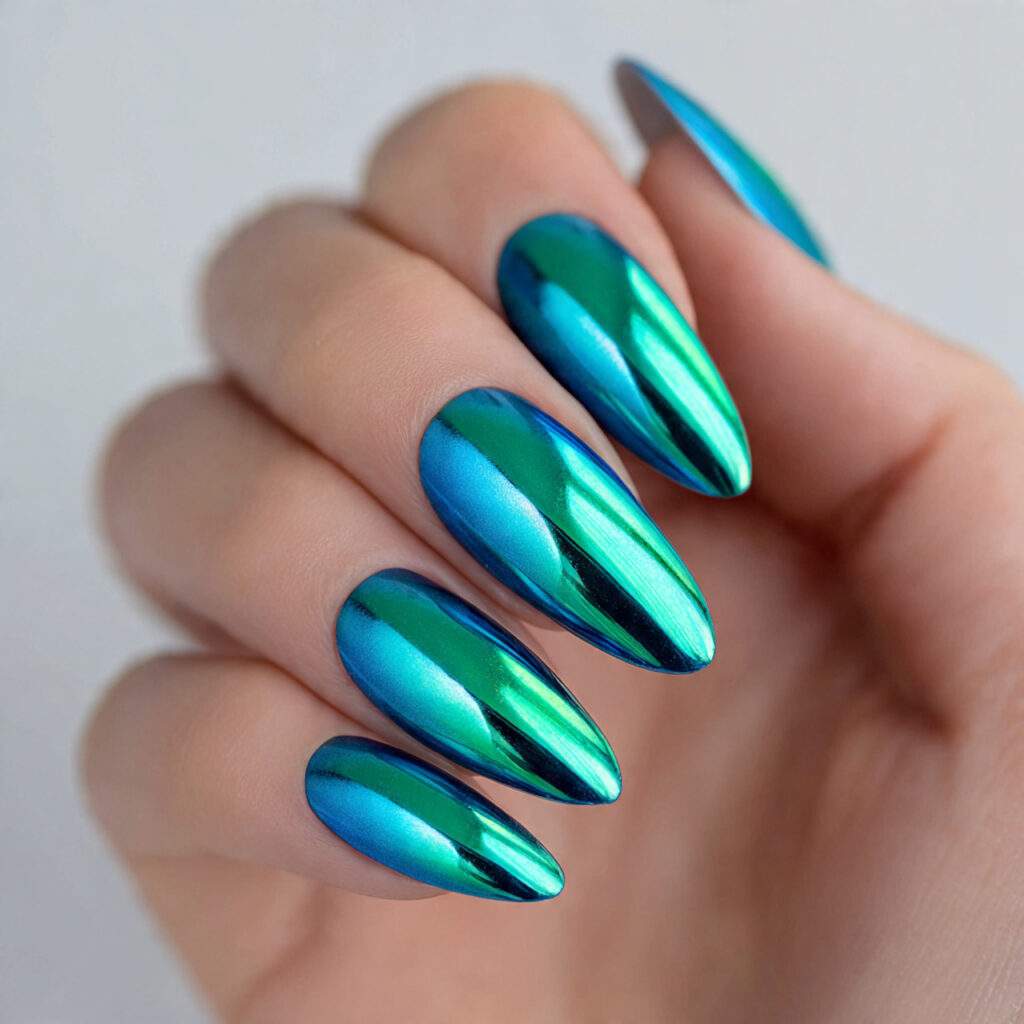 turquoise chrome nails blend vibrant blue green color